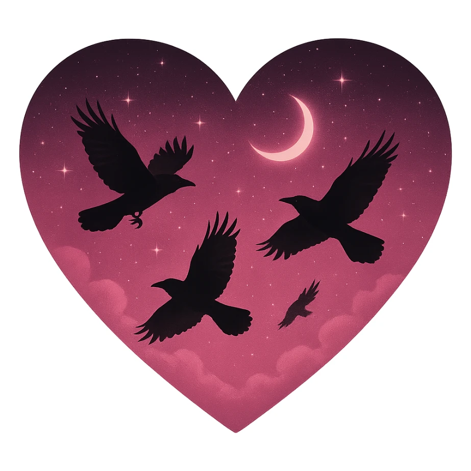  heart with pink night sky and dark ravens, remove background sticker