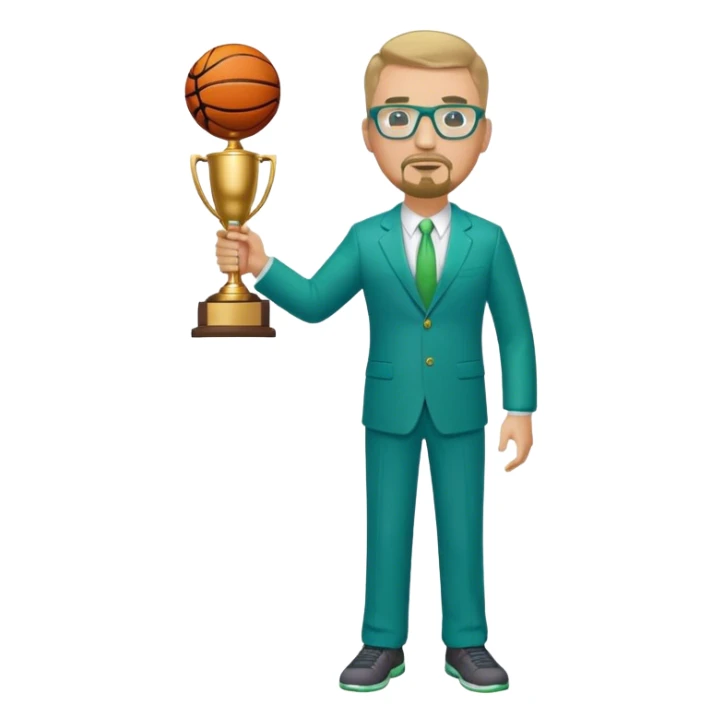Full Body  heavy white man wearing glasses with a goatee with dirty blond very short hair basketball head Coach in blue and green suit holding trophy sticker