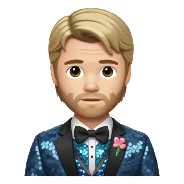 Chris Hemsworth with dark blonde hair, slate sequin suit with bow tie sticker