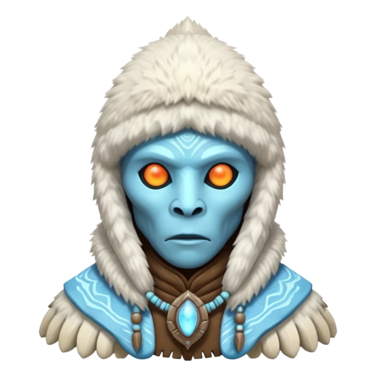 ancient arctic alien shaman portrait, head and shoulders only, Inuit-inspired fur hood, carved bone ornaments, glowing cosmic eyes, icy alien skin, spiritual sci-fi vibe, 3D cartoon, mobile game icon style, clean background, no text, no watermark


 sticker