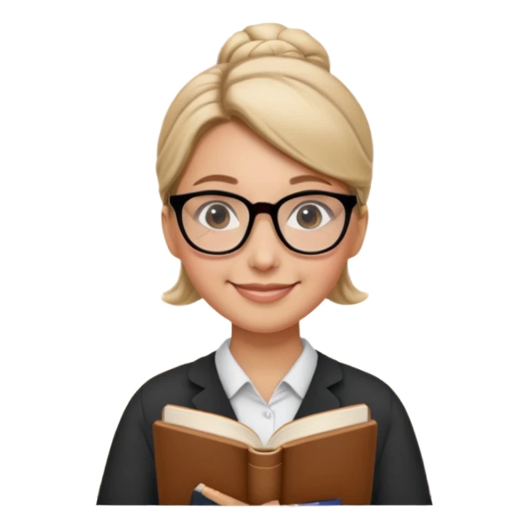 Teacher Look – tidy low bun, black-rim glasses, holding a book.












































 sticker
