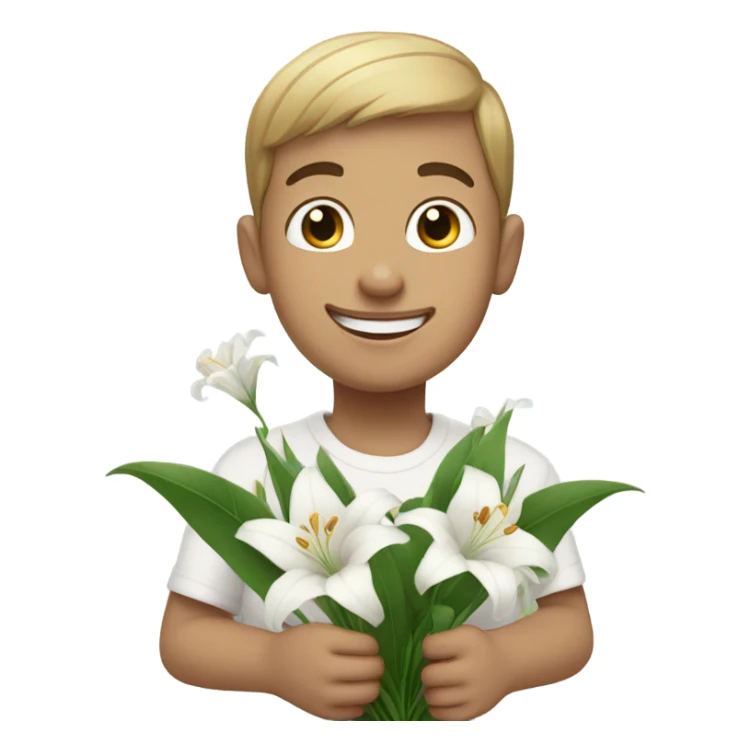 a disabled boy holding a bunch of white lily smiling sticker