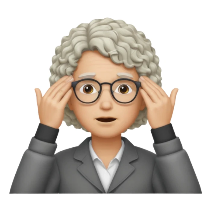 curly blonde/gray hair, glasses, face palm duh sticker