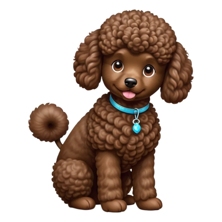 cinematic-[poodle]-realistic-full-body-sitting-emoji,-tail-resting-loosely-beside-its-paws,-head-tilted-dramatically, -curly-[chocolate]-fur,-simplified-yet-realistic-focused-features,-highly-detailed,-glowing-with-an-almost-sarcastic-glow sticker