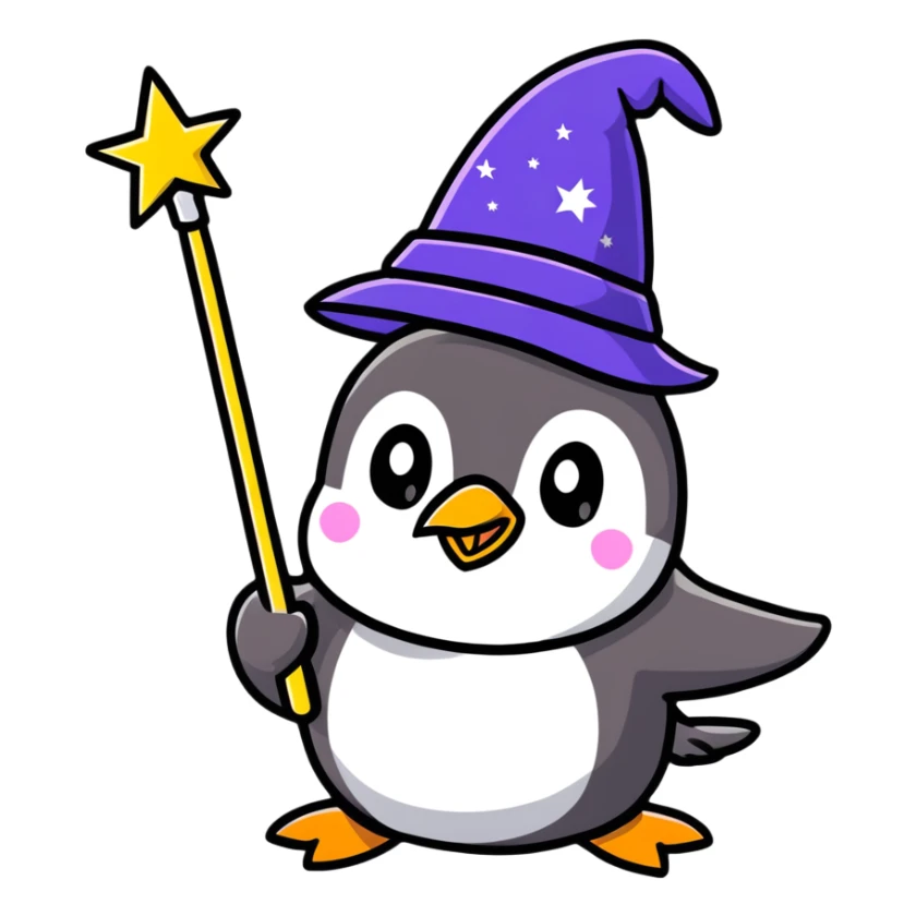 cartoon penguin wizard with a starry hat and magic wand, vibrant colors sticker