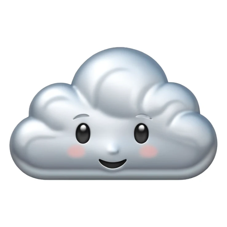A cute cloud emoji made of silver chrome, smooth rounded shape, glossy metallic surface, soft reflections, minimal and friendly design, iOS emoji style, centered, clean white background, soft lighting sticker