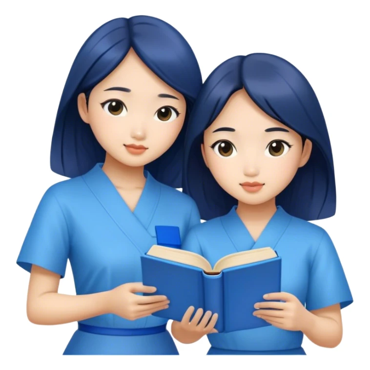 pretty asian two girls sitting reading blue books sticker