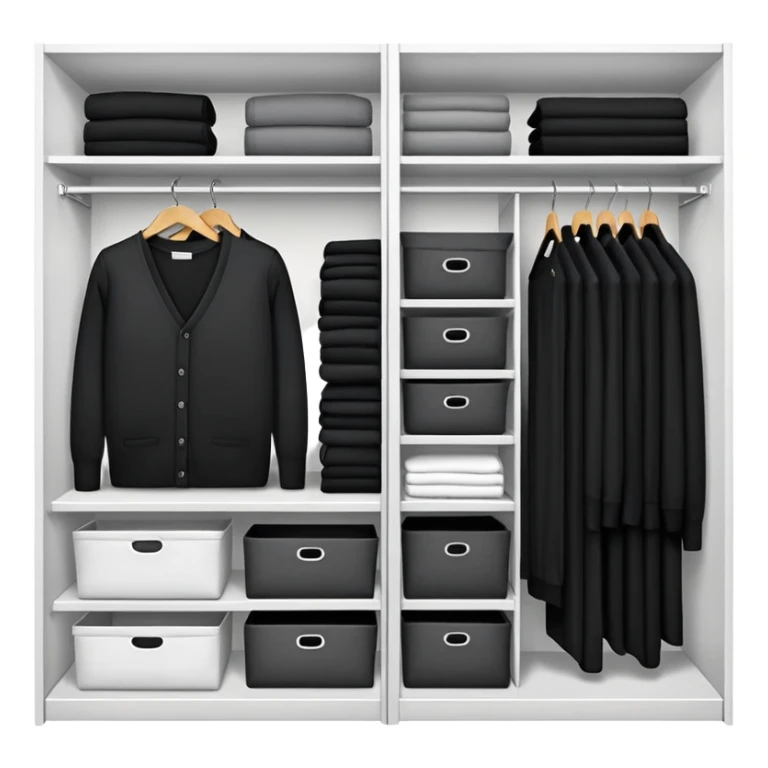 Closet organizer with visible compartments filled with black long sleeve shirts, sweaters and work clothes sticker