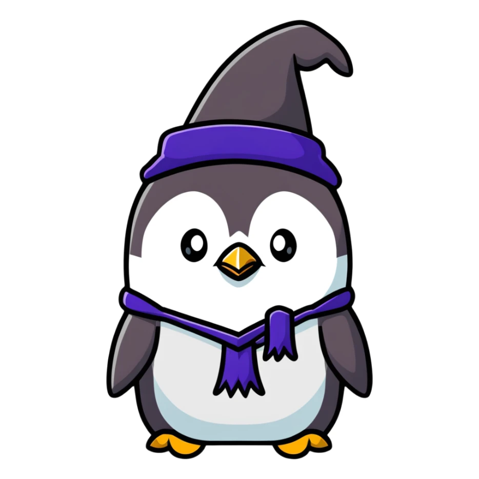penguin wizard, cartoonish sticker style, bold and colorful, no text sticker