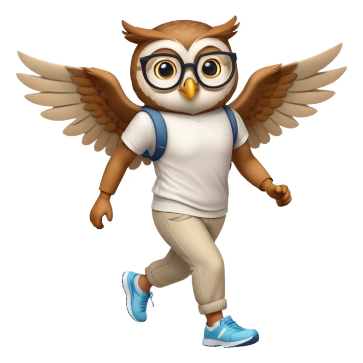 friendly anthropomorphised owl with wings instead of arms, in pants and a shirt, wearing glasses, jogging upright, relaxed pose sticker