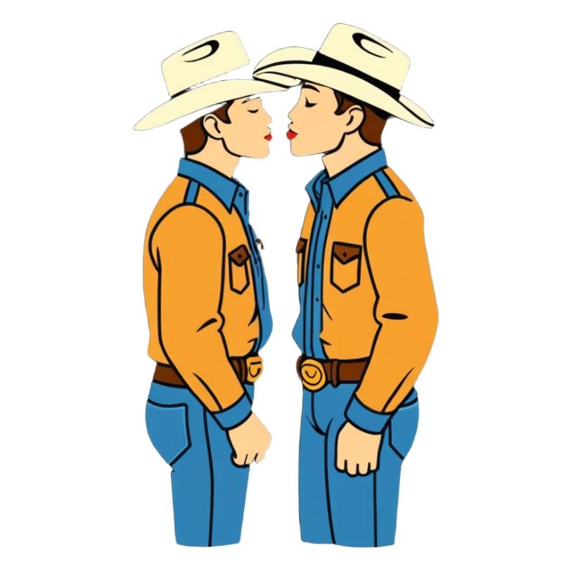 two cowboys, both men, kissing sticker