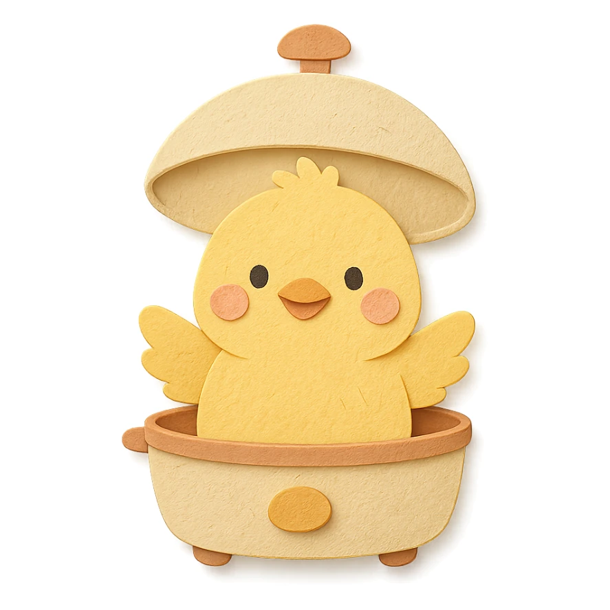 cute chick emerging from an egg cooker lid, smiling, soft yellow colors, full-body sticker
