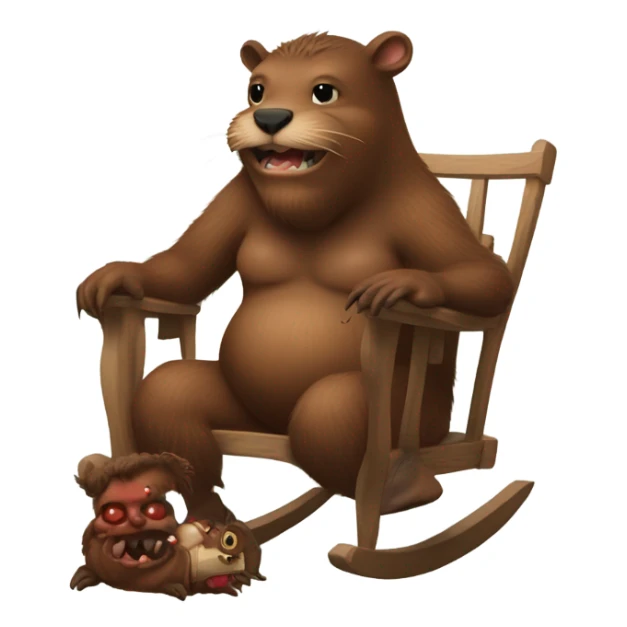 Giant beaver man in rocking chair petting his demon pet sticker