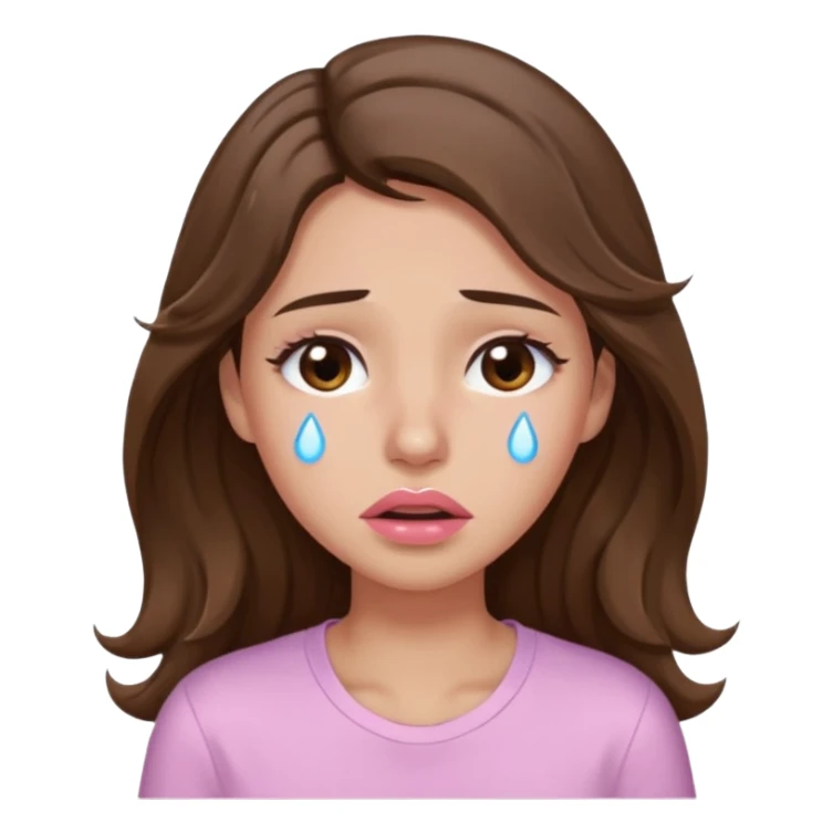 girl with wavy long brown hair, brown eyes, light to medium complexion, long lashes, light pink lipstick, wearing light pink shirt, weeping with big tears sticker