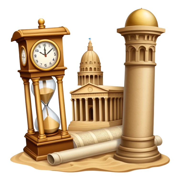 icon featuring ancient scrolls, quill pen with famous historical landmarks and monuments in the background like colliseum. Large, antique sand clocks with sand pouring out represent the passage of time. Historical figures are depicted as statues. Transparent background. sticker