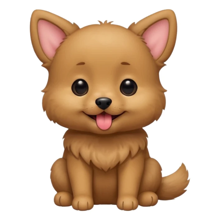 Cute small brown fluffy dog emoji icon. Round face, short muzzle, light brown fur with slightly darker ears, small black nose, happy smiling expression with tongue out. Soft friendly eyes, sitting pose with front paws together. Simple clean vector style, minimal details, kawaii style. sticker