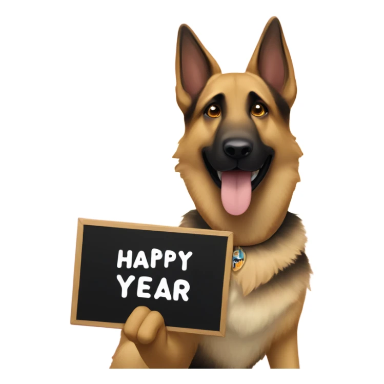 Blonde and brown German shepherd holding a sign that says “Happy New Year” sticker