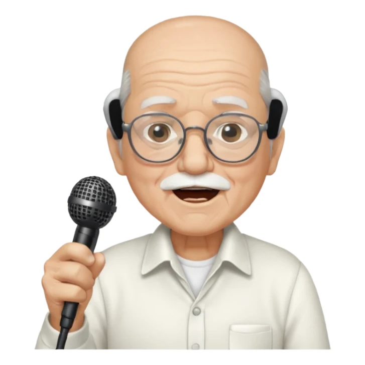 singer, Old man, singing, holding mic, white shirt glasses sticker