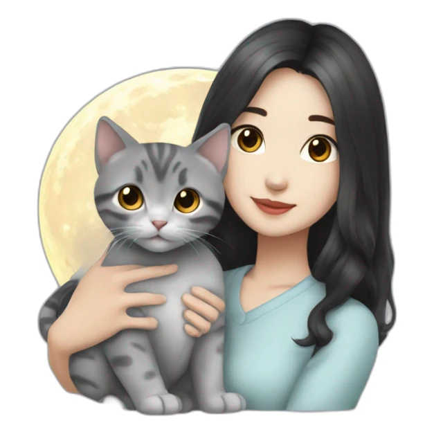 Asian couple dark hair with british grey kitten moon sticker
