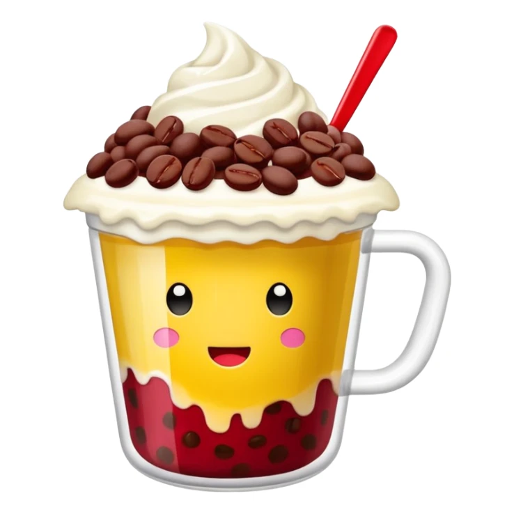 shaved ice in a see-through MEGA COFFEE cup, topped with red beans and milk drizzle, ‘MEGA’ in bold yellow on the cup, minimal LINE emoji style, no face sticker