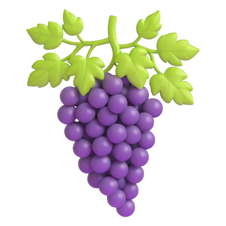grapevine with grapes forming from modified flowers, 3D emoji style, no background sticker