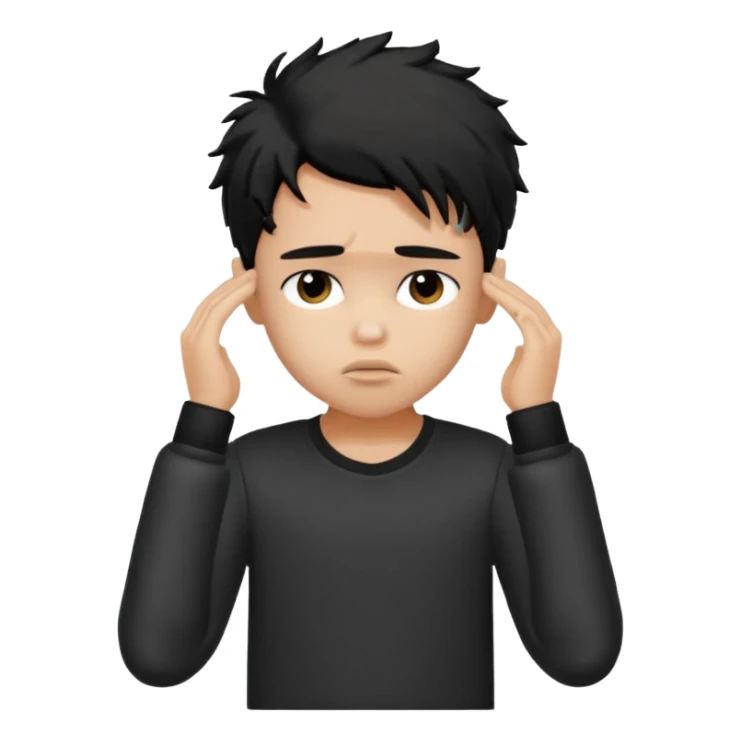 a PRETTY BRATZ boy with black messy hair, one hand on head. looking sad sticker