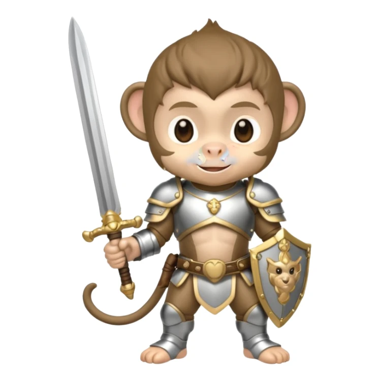 baby chibi monkey in silver armor, full body, smile, hold sword sticker