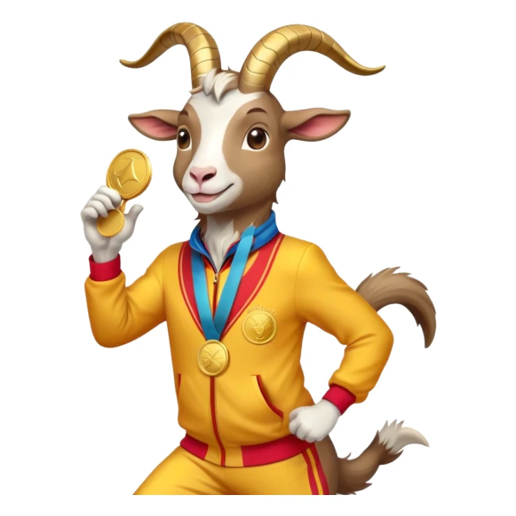 friendly anthropomorphised goat jogging upright in a colourful suit, holding up a medal, relaxed pose sticker