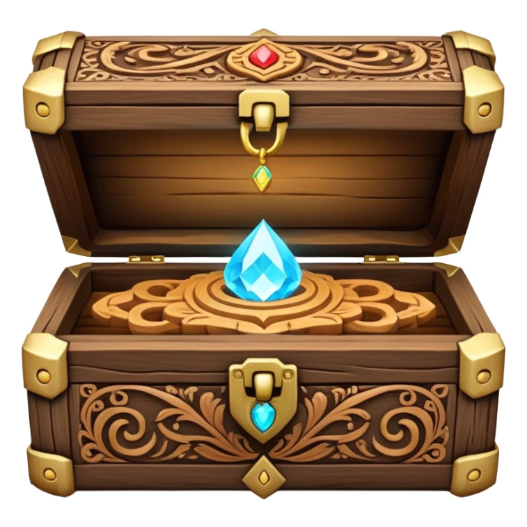 magical wooden box with intricate carvings, glowing softly, holding necklaces inside sticker