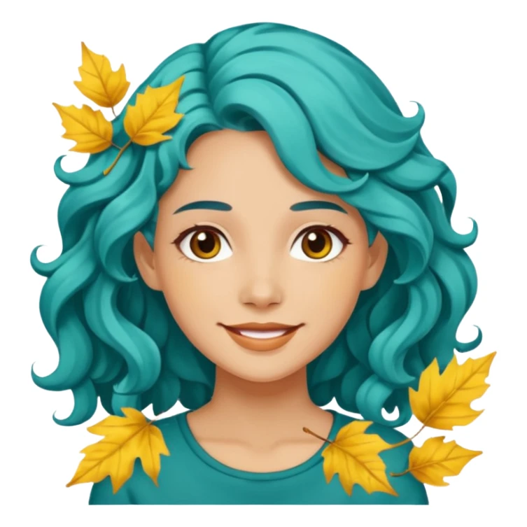 A woman with wavy teal hair decorated with yellow leaves, looking forward with a gentle smile. sticker