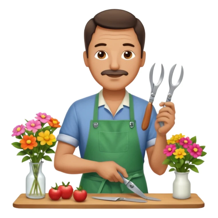 Middle-aged male florist – apron on, trimming stems with scissors sticker