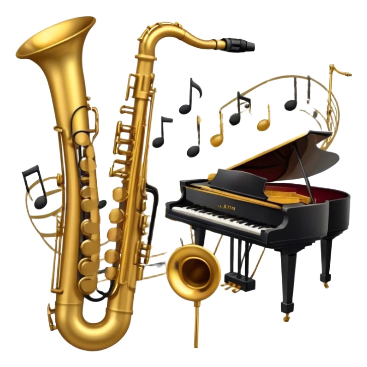 Create a vibrant emoji representing jazz vocal performance. The design should feature a vintage microphone, with musical notes swirling around it, symbolizing the improvisational and expressive nature of jazz singing. Add subtle elements like a jazz trumpet and saxophone in the background to represent the ensemble often accompanying jazz vocals. Include a set of piano keys or a grand piano in the design to reflect the jazz club atmosphere. Use warm, rich colors like deep gold, black, burgundy, and silver to create a soulful and elegant vibe. The background should be transparent. sticker