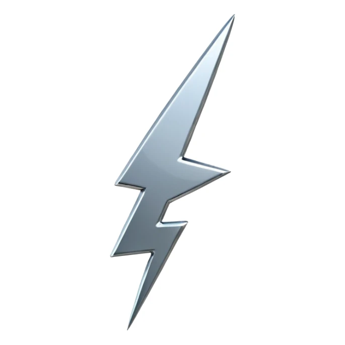 A lightning bolt emoji made of polished silver chrome, sharp yet rounded edges, glossy metallic surface, soft reflections, minimal futuristic design, iOS emoji style, centered, clean white background sticker