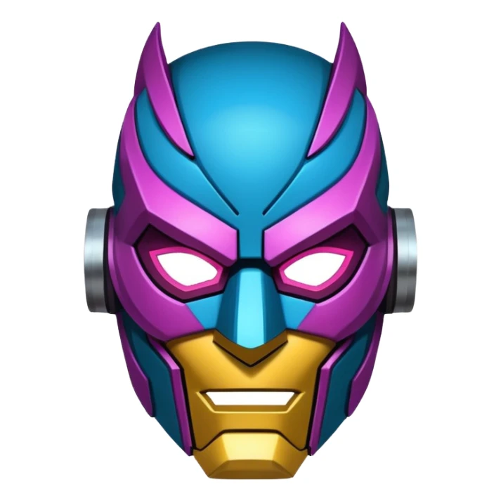 "Stylized sticker of a mechanical superhero mask, urban graffiti style, sharp edges, neon light accents, thick contour lines, high contrast, matte finish, isolated on white." sticker