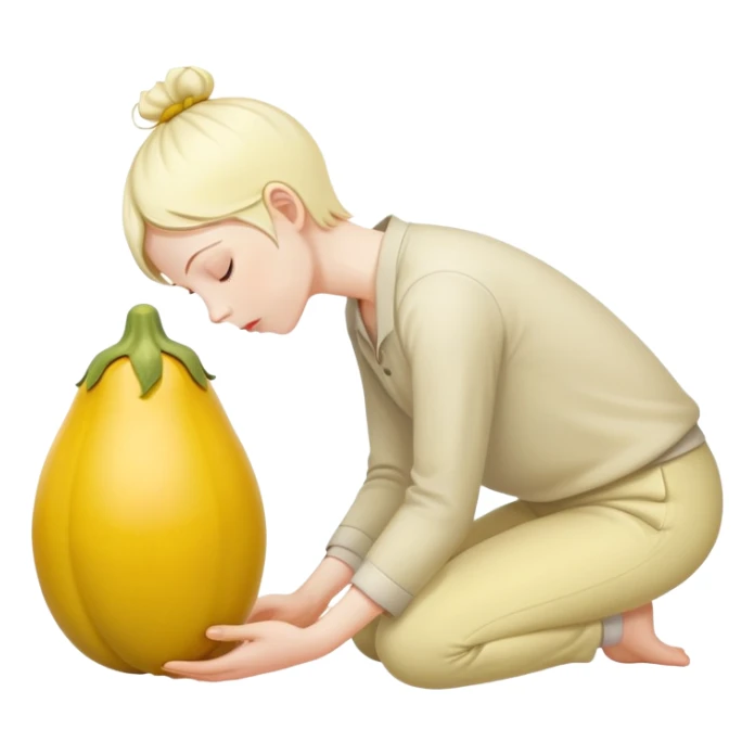 yellow eggplant connected to pregnant person, bowing person facing sideways sticker