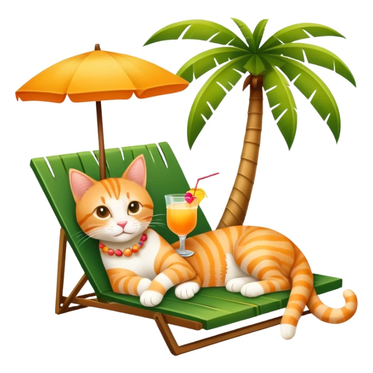Orange tabby cat lounging under a palm tree with a mai tai tropical drink sticker