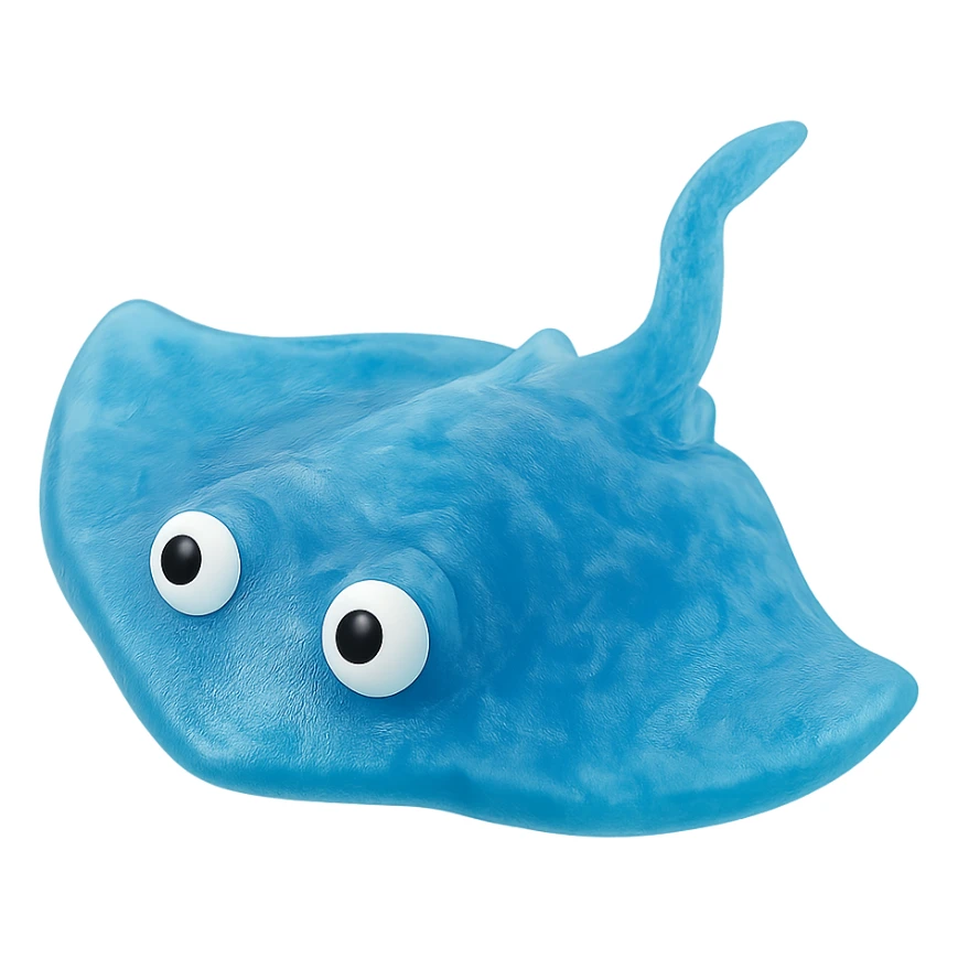 hyper-detailed retro 90's toy style see-through semi-transparent blue plastic stingray with derpy eyes soft plastic soft reflections soft and squishy some cloudiness not shiny highly detailed appealing no tag no background sticker