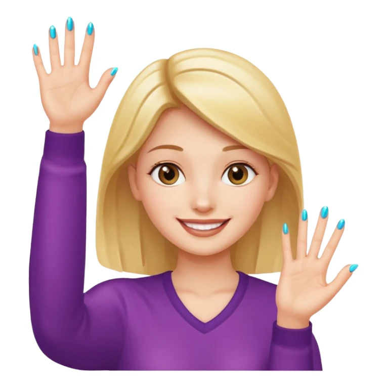 a girl with one hand raised, displaying a shiny new nail, smiling face sticker