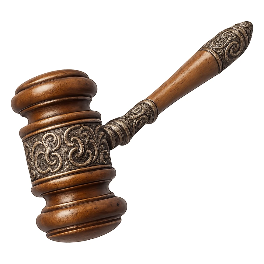 a fancy and detailed gavel, intricate design, elegant, ornate handle, polished wood, metallic accents sticker