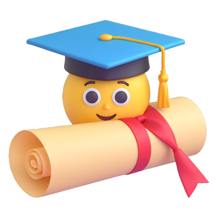 rolled parchment with a graduation cap on top, 3D emoji style sticker