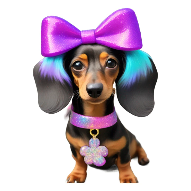 Lisa frank glitter fluffy dachshund with bows on head sticker