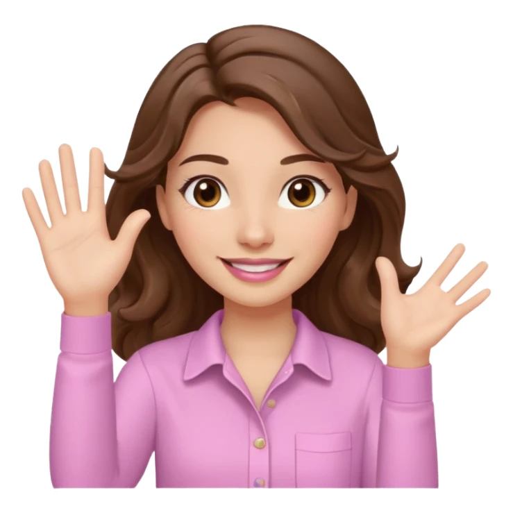 girl with wavy long brown hair, brown eyes, light to medium complexion, long lashes, light pink lipstick, smiling, wearing light pink shirt, waving hello sticker