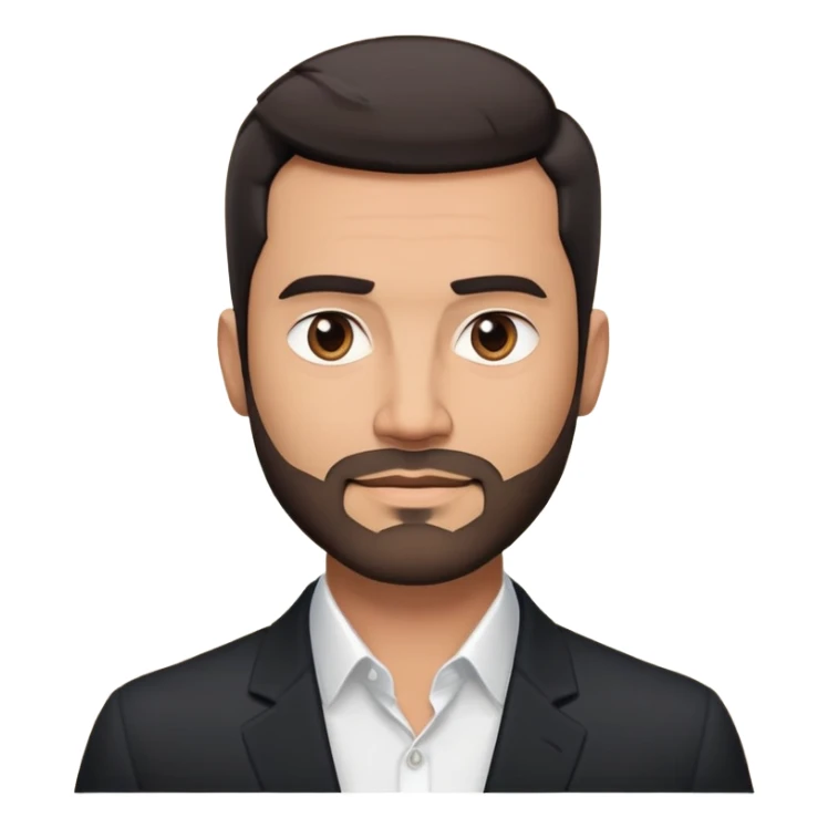 Good-looking robust man in his mid-40s with light brown skin tone, short black hair with evident fade cut, 5 o'clock shadow/scruff instead of beard, strong square face, approachable TV host expression, black blazer left open showing white buttoned shirt sticker