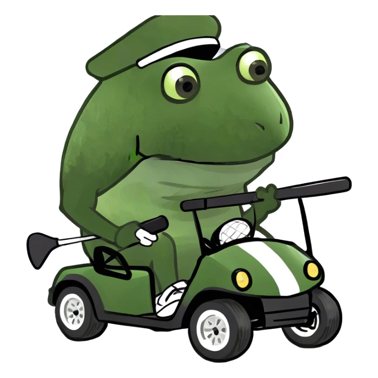 Bufo playing golf in a golf kart with a golf club and no hat sticker