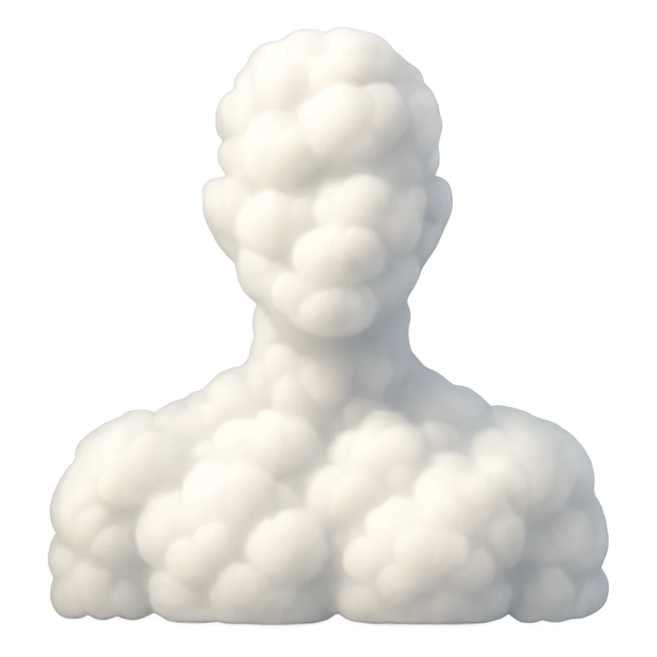 front view human contour from shoulders up, fully composed of 3D fluffy white clouds inside, volumetric, soft, realistic lighting and shadows, apple emoji style clouds, detailed and realistic sticker