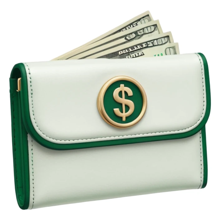 white wallet with dark green clasp, white dollar bills with dark green details visible sticker