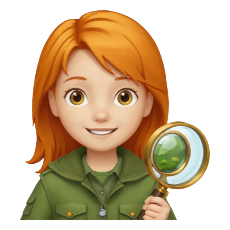 braid orange haired girl kid in moss green explorer outfit, holding magnifying glass, smile sticker