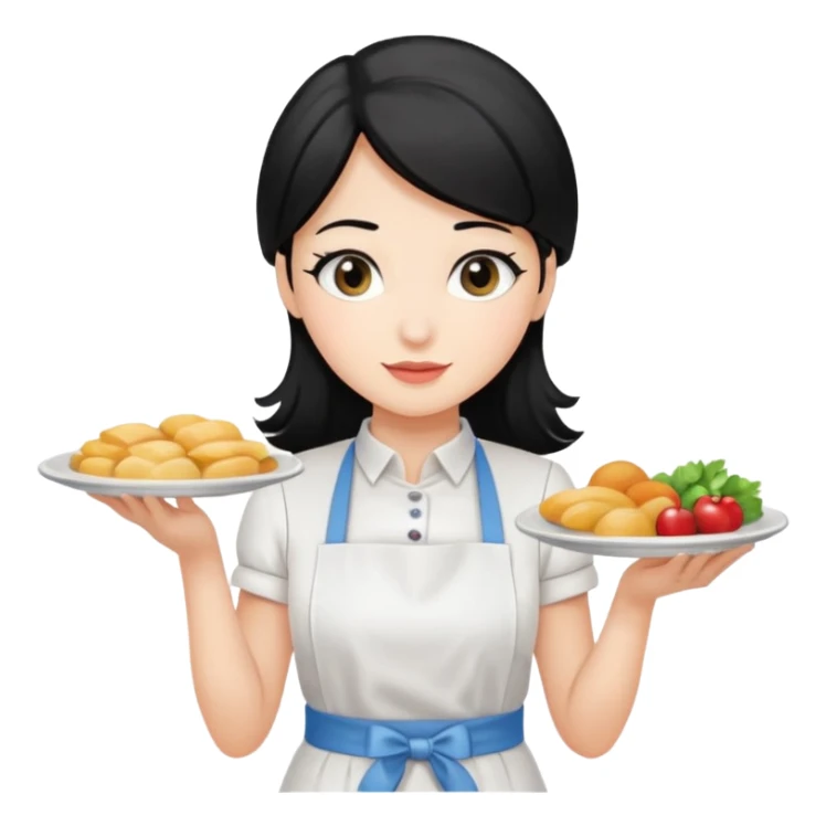 waitress with black hair and a food plate sticker