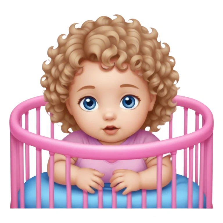 Deep Blue-eyed baby girl with short light brown soft curls,, chubby pink cheeks, in playpen  sticker