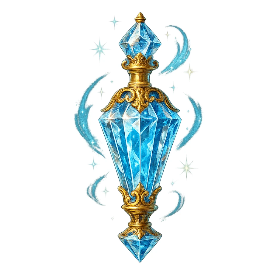 very luxurious crystal baton-shaped elixir bottle, lots of shining, edges, ornaments, golden details, magical effects, very small golden neck, transparent background, beautiful seamless bottom, bottle clearly floating in air, no base or shadow, premium class, playful, matching the collection sticker